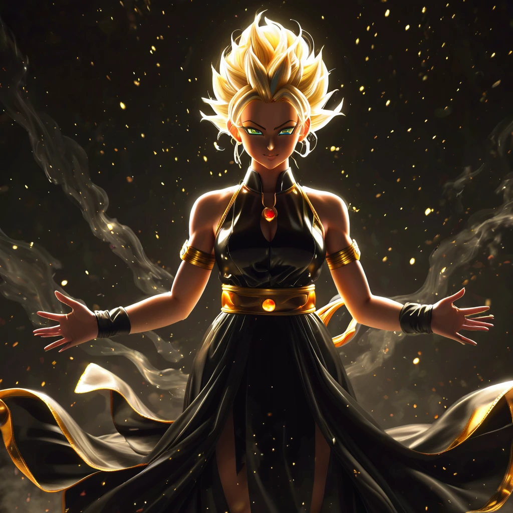 A full body shot of Black Kowal from Dragon Ball Z as the female version of Super Saiyan in the style of Artgerm, anime style, anime composition, dark background, anime artstyle, anime eyes, high quality, smooth skin, white hair in a messy bun, glowing aura, black dress with gold accents, dark and moody, epic pose, glowing energy around her hands.xianxia