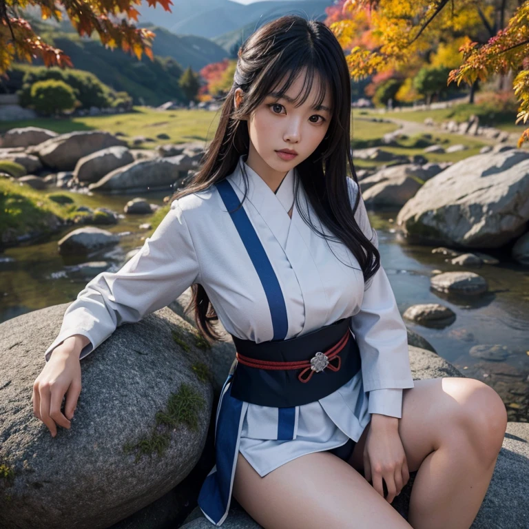 japanese girl wearing raiden shogun uniform sitting above rock in a mountain with autumn tree, best quality, ultra realistic, perfect body, beautiful face