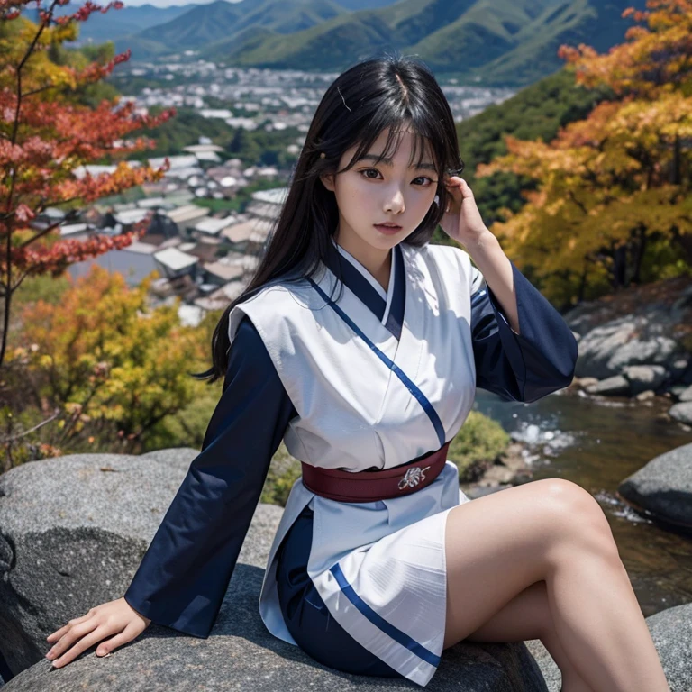 japanese girl wearing raiden shogun uniform sitting above rock in a mountain with autumn tree, best quality, ultra realistic, perfect body, beautiful face