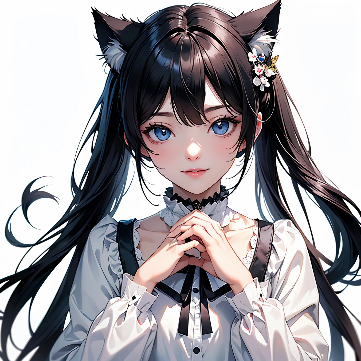 (highest quality, masterpiece, High resolution)、4K Anime Art、girl、Black Hair、White Cat Costume、Cat ear、 hair ornaments、choker、Captivating smile、Medium Chest、Nyan Pose、Cinematic Light、Soft Light、((White Background))、