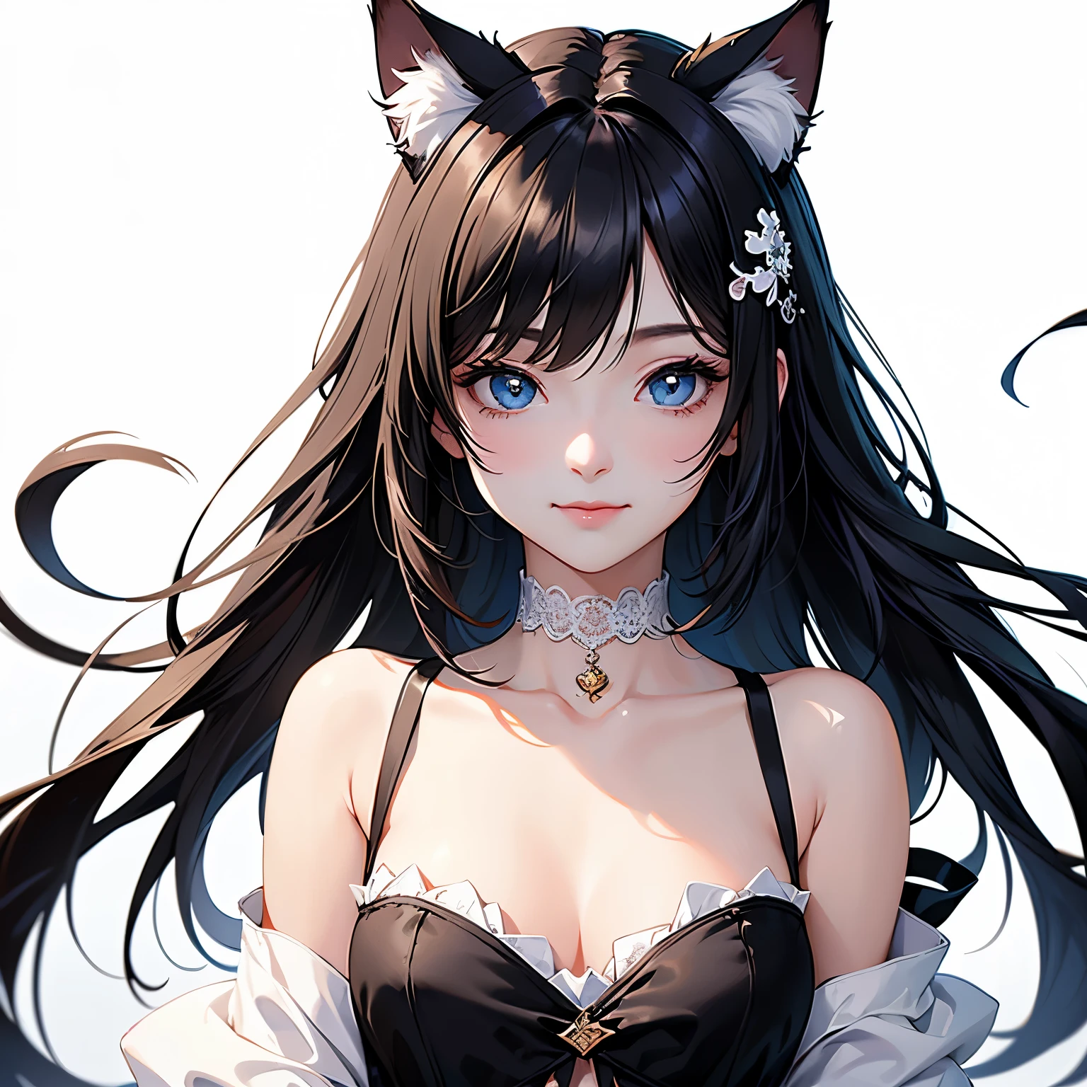 (highest quality, masterpiece, High resolution)、4K Anime Art、girl、Black Hair、White Cat Costume、Cat ear、  hair ornaments、choker、Captivating smile、Medium Chest、Nyan Pose、Cinematic Light、Soft Light、((White Background))、