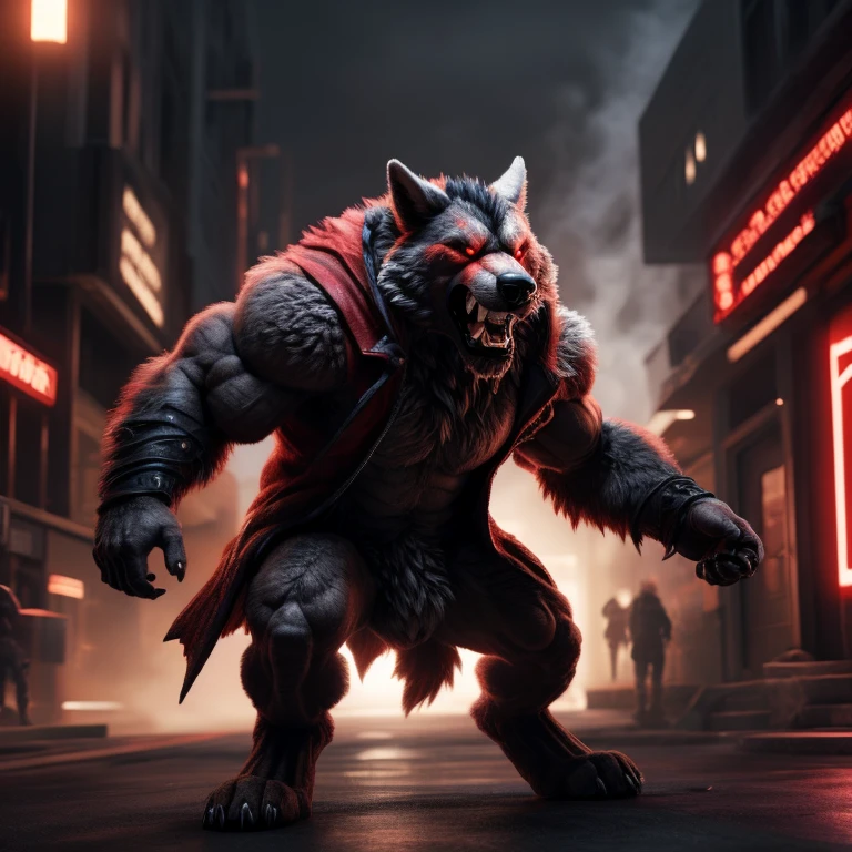 (By RagingFang, by CanineCrafter, by WolfingArtist, highest quality, masterpiece, hyper-realistic, detailed picture), 1male, Rabid, dog, full body, menacing pose, bared teeth, drooling, fur standing on end, red eyes, bloodshot, dense coat, solo, blurred background, dramatic lighting, intense focus, expression of fear and aggression, realistic textures, bystander looking on in alarm.