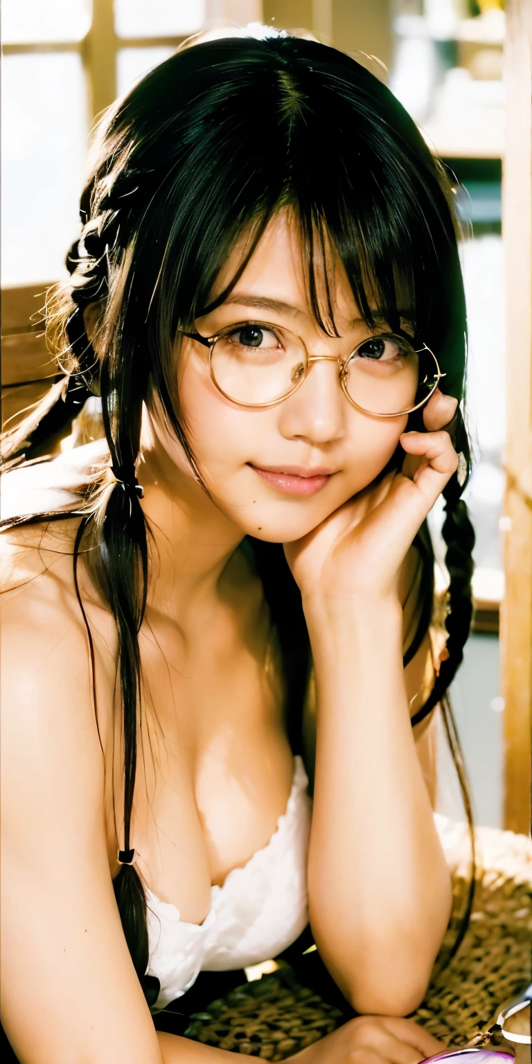 Best image quality、136), (Busty:1.46), (l tits ipst tits ,メタルフレームRound Glasses、thin frame glasses、Braided Pigtails、round glass glasses、Funny woman with twin tails、Round-faced beauty、Clear eyes、Long eyelashes、(Wear glasses,Round Glasses、Round Glasses、Braided Pigtails、tits、