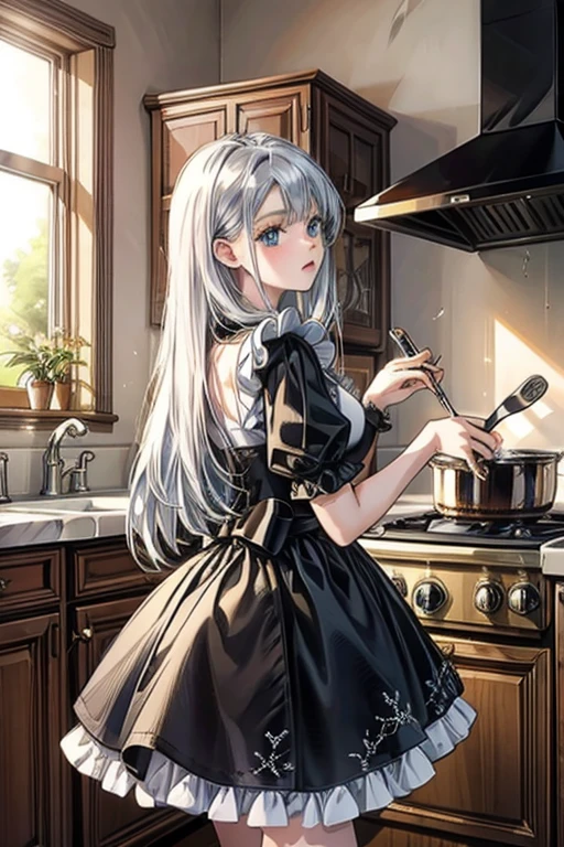 (8k, highest quality, Tabletop:1.2), Ultra-high resolution, One -yeld gi Detailed face, blue eyes, Slightly droopy eyes, Silver long hair, Classic maid outfit in black and white, Luxurious Western-style house kitchen, Cooking, Stirring the ingredients in the pot