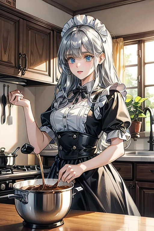 (8k, highest quality, Tabletop:1.2), Ultra-high resolution, One ****************, Detailed face, blue eyes, Slightly droopy eyes, Silver long hair, Classic maid outfit in black and white, Luxurious Western-style house kitchen, Cooking, Stirring the ingredients in the pot