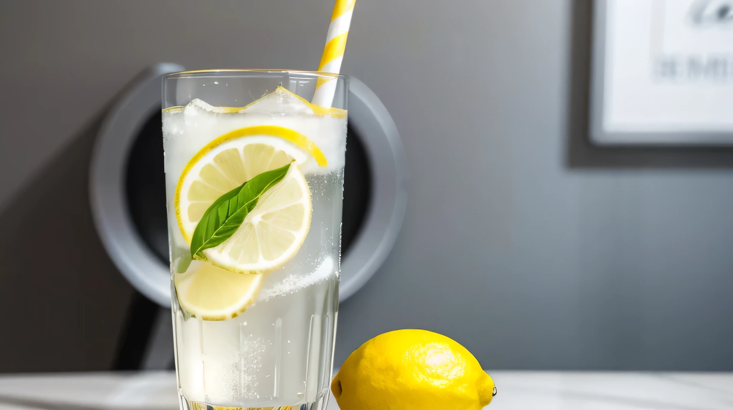 A glass of iced lemon sparkling water, , HD. photography,Shot at a 45-degree angle,Simple glass,Glass has no texture,There is white space above and below,Products,publicity,Food photography,Simple gray and white background