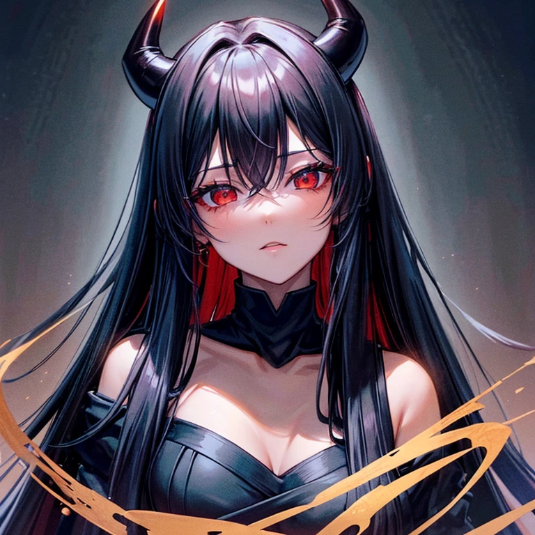 (best quality,highres:1.2),ultra-detailed,portrait,dark lighting,anime,red eyes,long black straight hair,18-year-old,villain,fair complexion,black horns on top of the head,elegant black dress