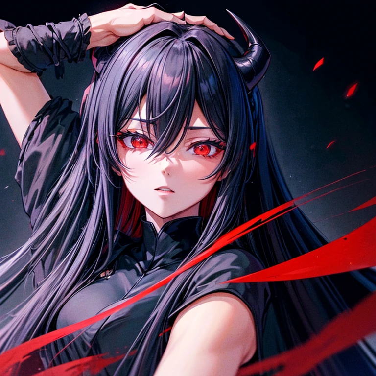 (best quality,highres:1.2),ultra-detailed,portrait,dark lighting,anime,red eyes,long black straight hair,18-year-old,villain,fair complexion,black horns on top of the head,elegant black dress