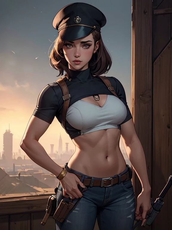 Personagem mulher estilo atompunk Fallout 4 cabelos pretos atriz Ella Purnell com marcas de guerras Imagem de desenho animado de uma mulher .Ilustracaoo estilo desenho animado, estilo de arte dos desenhos animados, estilo de arte dos desenhos animados, estilo de illustration digital, estilo atompunk design de personagens altamente detalhado, arte digital detalhada coragem,actress Ella Purnell with black hair slim body Forest fan art, Design de cabelos pretos personagens de retrato, linda illustration digital, retrato de alta qualidade, Arte em quadrinhos, s . Eyelined eyes, medium bust and wonderful sexy clothes. imagem expressão do desejo sexual da cintura à cabeça illustration estilo atompunk Fallout 4 A perspectiva é de baixo, enfatizando a majestade e o poder da Gigante."atriz Ella Purnell cabelos pretos um close up de uma mulher com um vestido vermelho segurando uma arma, artgerm julie bell beeple, glamorosa Jill Valentine, inspirado em Raymond Swanland, Resident Evil, Artgerm Craig Mullins, Cutesexyrobutts, inspirado em Marek Okon, estilo de Raymond Swanland, Resident Evil inspired, Artgerm detalhadoestilo Cartoon estilo illustration digital estilo GTA(mais alta qualidade, super detalhado, realista:1.37), ar livre, garota, turvar, olhos detalhados e lindos, beautiful detailed lips, cowboy hat, colete com franjas, cintura fina, coxas finas, fenda apertada, coxas finas, mostrar barriga, pants, tissue, with confidence, Medium chest, paisagem de fazenda empoeirada, golden hour lightingrealistic, 1 garota, accent lighting, brilho, obra de arte, melhor qualidade, 1 garota, cabelo longo loiro ondulado, olhos azuis, equestrian uniform, (obra de arte:1.4), melhor qualidade, ((realista)), alta qualidade, ultra detalhado, (illustration:1.05), (lindo:1.05), (lindo detailed eyes:1.05), (Cinematic Light:1.1), corar, lua, noite, rosas, rosa pastel, Gothic Tetradic Colors, brilho, seios grandes, coxas grossas