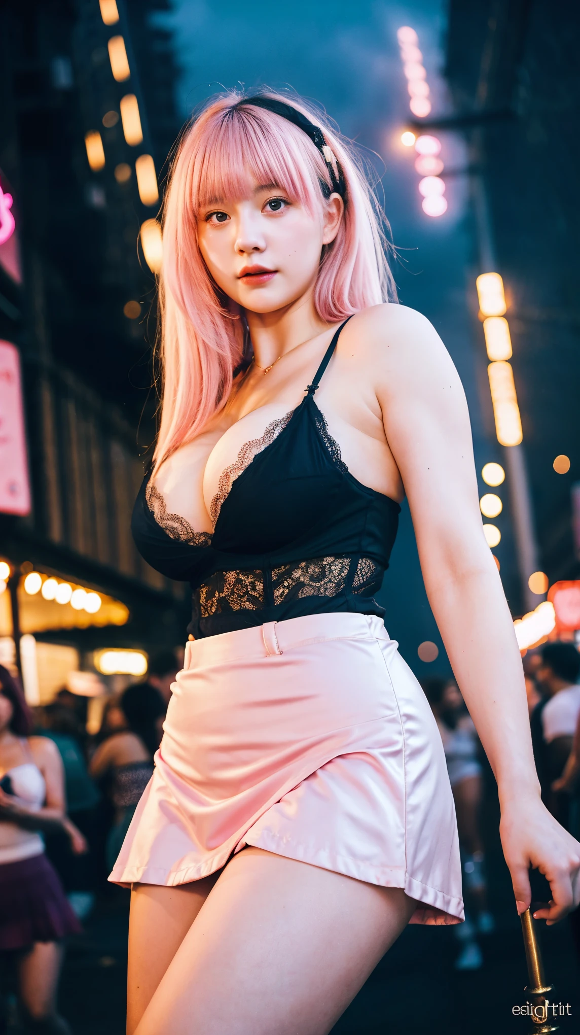 1 Girl, Beautiful, , 20 Years Old, White Skin, Saggy Colossal Breasts, Sexy Pose, Wearing Golden Bustier Lingerie Dress, Golden Lingerie Outfit, ((Fishnett Skirt)), Blue Eye, Muscles, Bokeh, ((night:1.3)), ((dark:1.3)), Street Crowd Background, Masterpiece, Dizzy, Foggy, ((Pink Hair)), Twintails, Pink Coloured