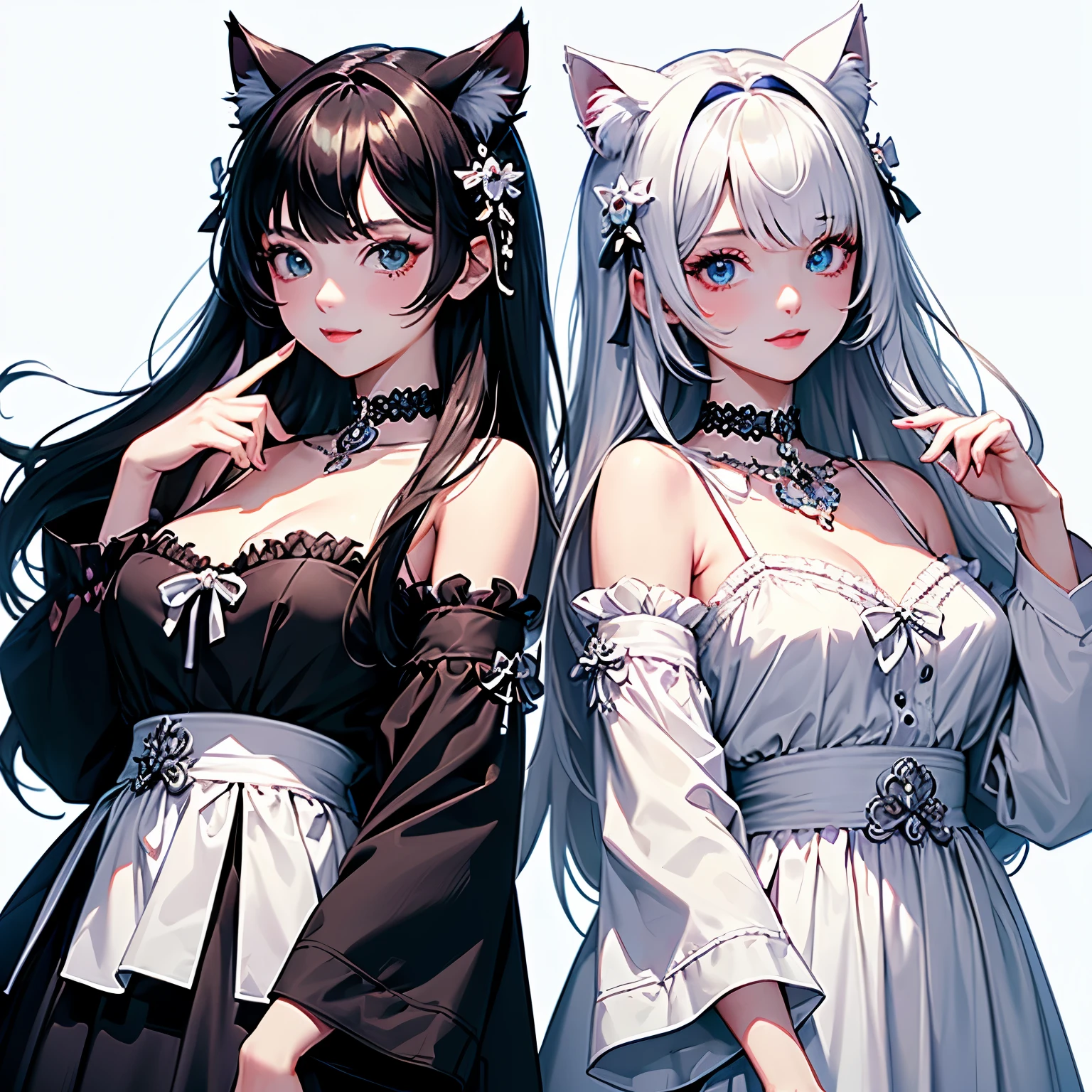(highest quality, masterpiece, High resolution)、4K Anime Art、(Two Girls、18-year-old)、Black Hair、White Cat Costume、Black Cat Costume、(Cat ear)、 hair ornaments、choker、Captivating smile、Medium Chest、Nyan Pose、Cinematic Light、Soft Light、((White Background))、