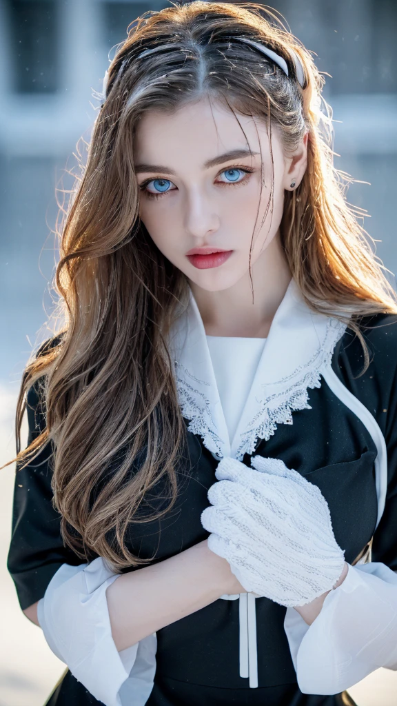 1 miniature Beautiful beautiful woman - Yuan Sayuki, ((top quality, 8K, Masterpiece:1.retty woman, 1 woman, huge breasts:1.3, a slim body:1.1, lush GINGER long hair with 2 buns, (shower, wet body, wet clothes:1.1), very detailed face, detailed lips, detailed eyes, double eyelids, Detailed blue eyes, чрезвычайно Detailed Outstanding Blue Eyes, long GINGER wet hair, GINGER wet hair, Detailed Outstanding Blue Eyes, innocent look at the viewer, very wet wavy white hair, Detailed Outstanding Blue Eyes, huge cross earrings, Outdoors, badges behind, gothic maid uniform, sexy maid dress, bare chest, huge chest tattoo, detailed huge catholic cross earrings, chest tattoo, Outside, wear a silver cross (Detailed cross shape), reality mode, wet breasts, black necklace, human crowd behind, black latex gloves, hair of white snowy colour, night time, red neon lights, demonic nun, nimbus (golden lighting ring above her head), angel, snowy weather, sexy pose, white lingerie, black maid dress, detailed flower wreath made of different colours, open chest