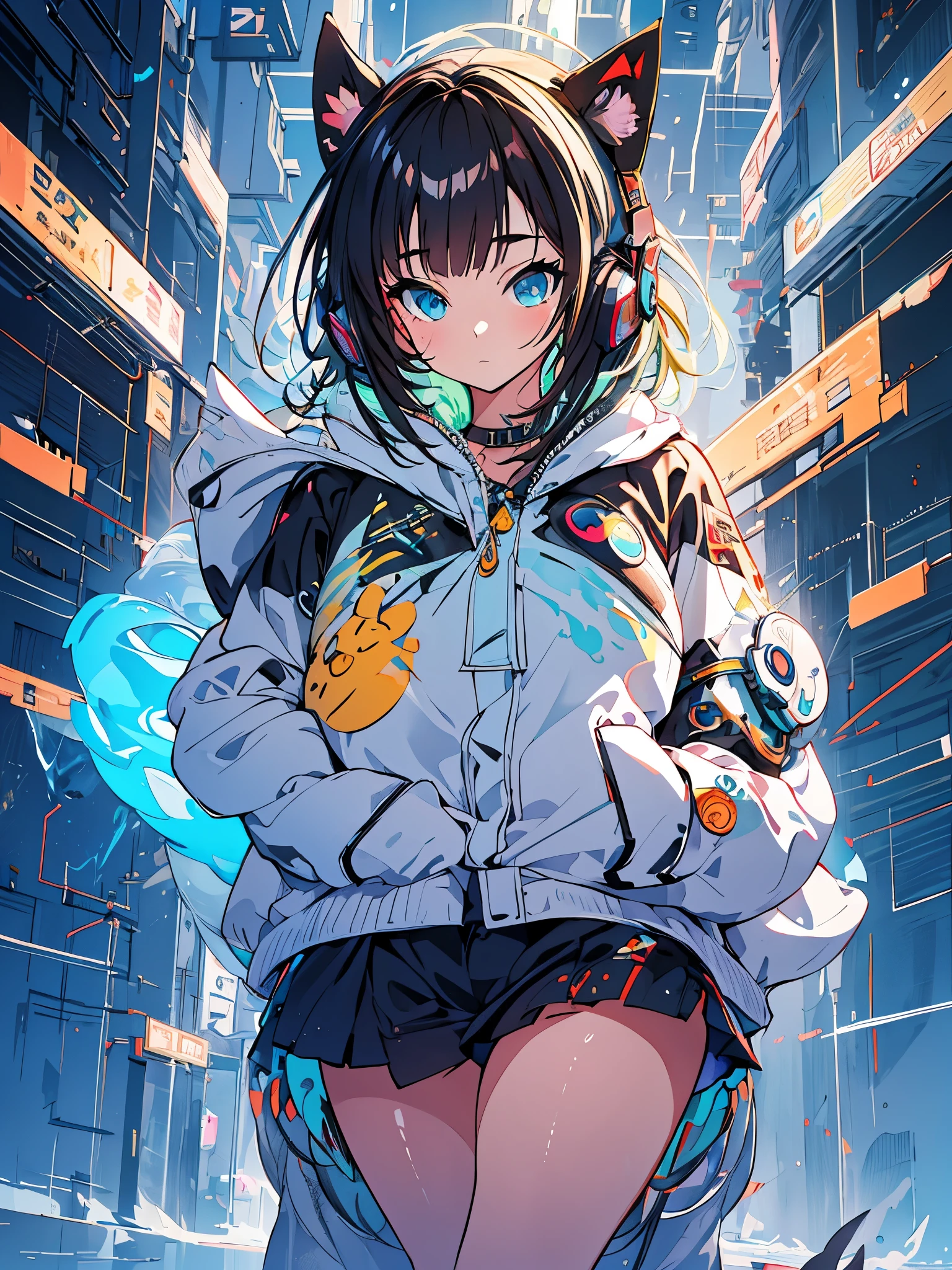 garota anime com roupa futurista com orelhas de gato e fones de ouvido, linda garota com partes ciborgue, Arte digital de anime cyberpunk, garota de anime cyberpunk mech, female, linda garota ciborgue, perfect android girl, portrait anime space cadet girl, corpo inteiro, decote, jaqueta bolha, olhos vermelhos, tatuagem nas pernas, seios grandes, tenis de cano alto
