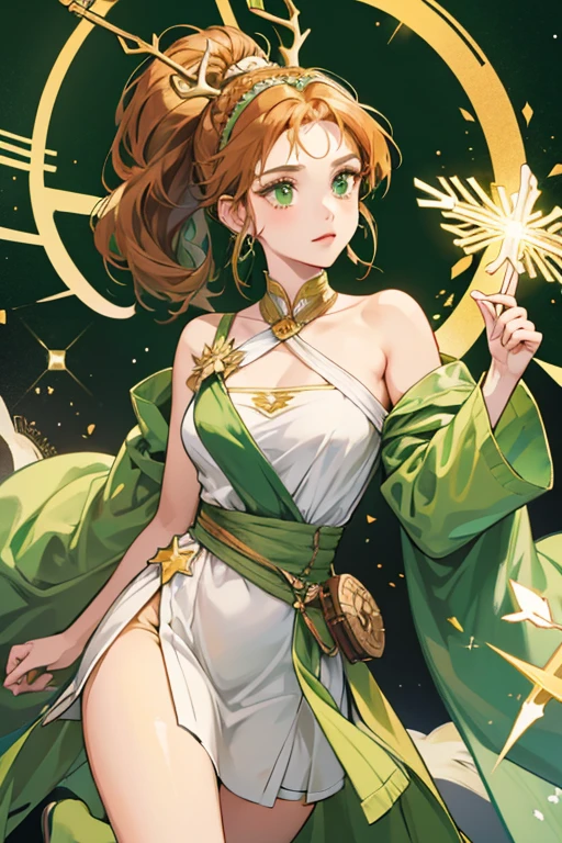Artemis has olive-green skin, green eyes, and green hair. She wears a short brown Greek chiton, strapped with arrows, a brown headband, gold star-shaped earrings, and brown sandals. However, in the Hercules series, she has olive (later orange) skin, auburn hair tied in a single ponytail in an updo, green eyes, two short antlers on her head, and a pale green Greek chiton. She has a quiver strapped over her right shoulder. SPARKLE; GLITTER