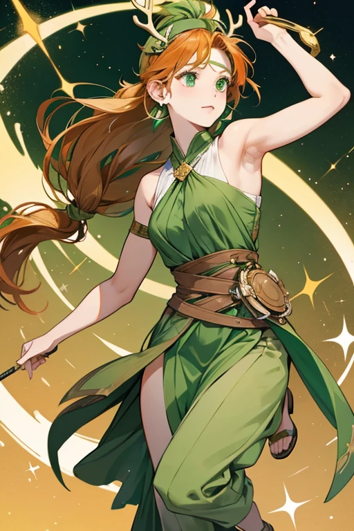 Artemis has olive-green skin, green eyes, and green hair. She wears a short brown Greek chiton, strapped with arrows, a brown headband, gold star-shaped earrings, and brown sandals. However, in the Hercules series, she has olive (later orange) skin, auburn hair tied in a single ponytail in an updo, green eyes, two short antlers on her head, and a pale green Greek chiton. She has a quiver strapped over her right shoulder. SPARKLE; GLITTER