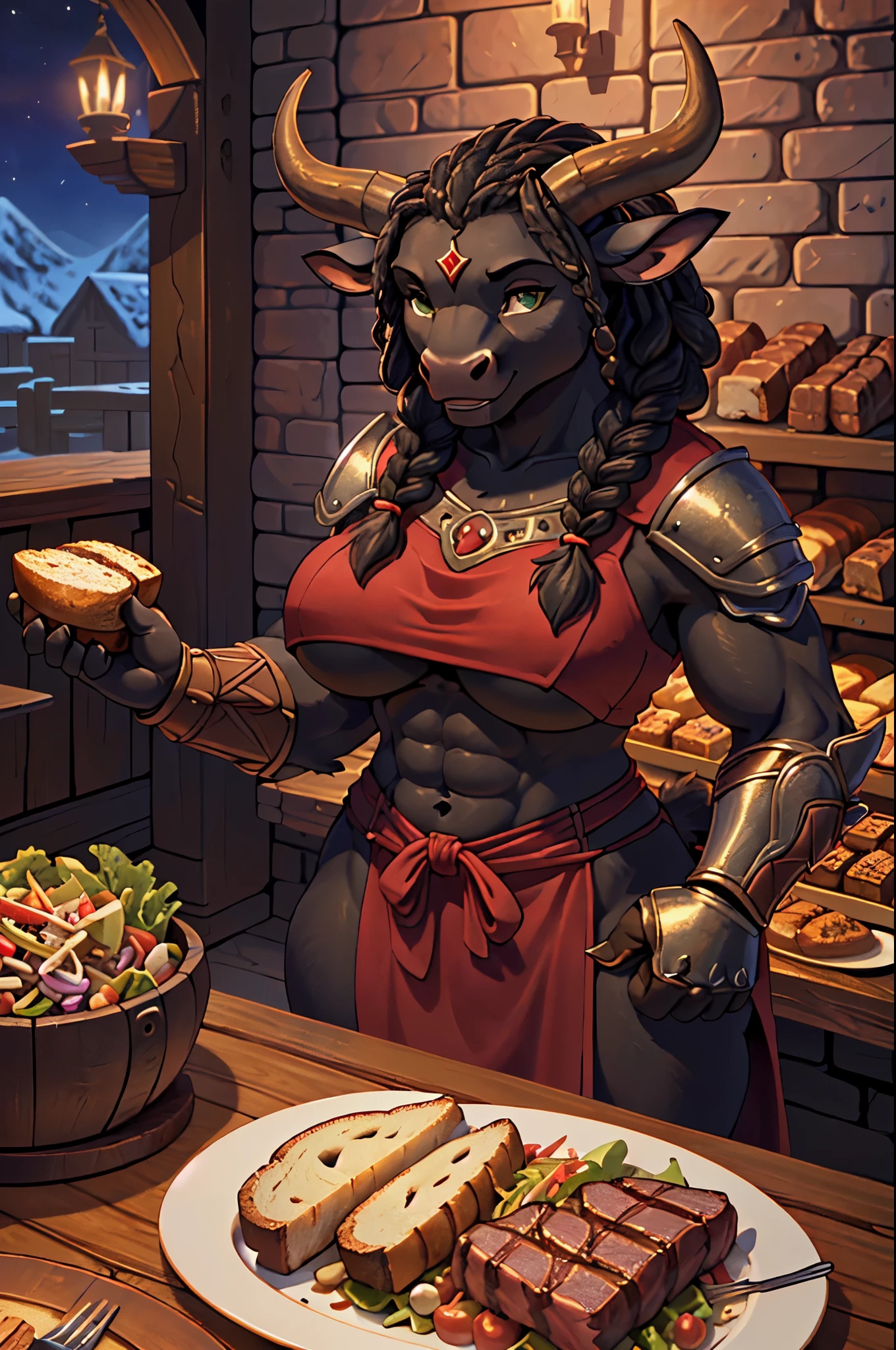 masterpiece, top quality, best quality, highly detailed, 8k, super high resolution, absurdres, perfect anatomy, dynamic_angle, solo focus, (((furry black female anthro))), (mature), (((furry black anthro minotaur body))), (detailed black body fur), green eyes, black hair, ((braided hairstyle)), (hourglass figure, large breasts, defined abs, toned legs), ((red medieval tunic, red vestments, iron armor, iron greaves, iron gauntlets)), ((dignified expression, smiling)), (eating at a tavern among friends), ((nighttime, medieval tavern, wooden dining table, steak dish, loaf of bread, salad bowl, mug of ale))