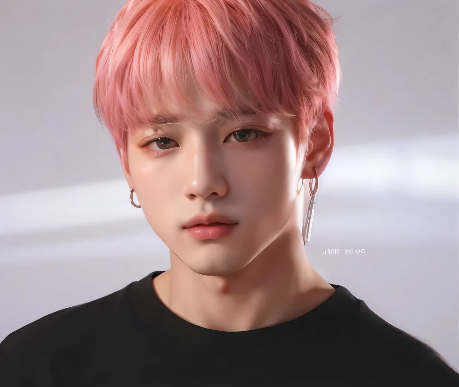 un primer plano de una persona con cabello rosado y aretes, cai xukun, jungkook, inspirado en Yanjun Cheng, Jimin\los labios carnosos, Jimin, kpop idol portrait, Jimin\his right eyelid is swollen, Yanjun Chengt, retrato de jossi de blackpink, park Jimin, Jimin\'s grecian nose, accurate Jimin face, hyung tae