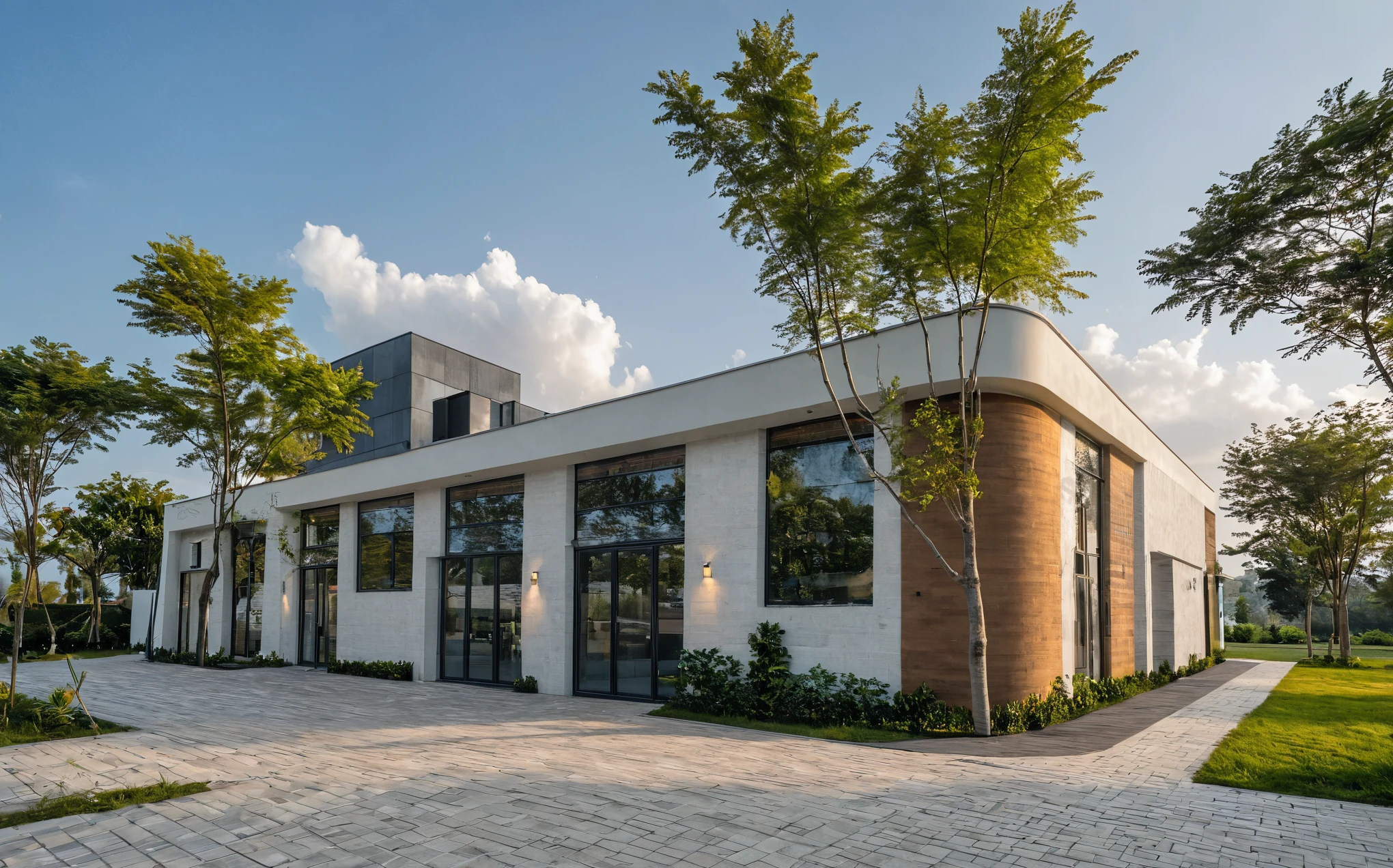 Masterpiece, high quality, best quality, authentic, super detail, outdoors, onestoreyvillaXL, aiaigroup, sports center style modern on the street ,stairs, white wall ,road,pavement, grass, trees, sky, cloud, (daylight:1.1)

