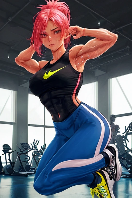 (a beautiful young woman with a perfect body in gymwear, inside a gym, wearing Nike sneakers, looking at the viewer),illustration,high quality,trendy style,vibrant colors,soft lighting,fit and energetic,natural beauty,strong and confident,modern and fashionable,well-toned muscles,athletic physique,healthy lifestyle,training equipment,active and dynamic,energetic atmosphere,sweat dripping from her forehead,expressive eyes,motivated and focused,stylish sportswear,stylish ponytail,happy and positive mood.