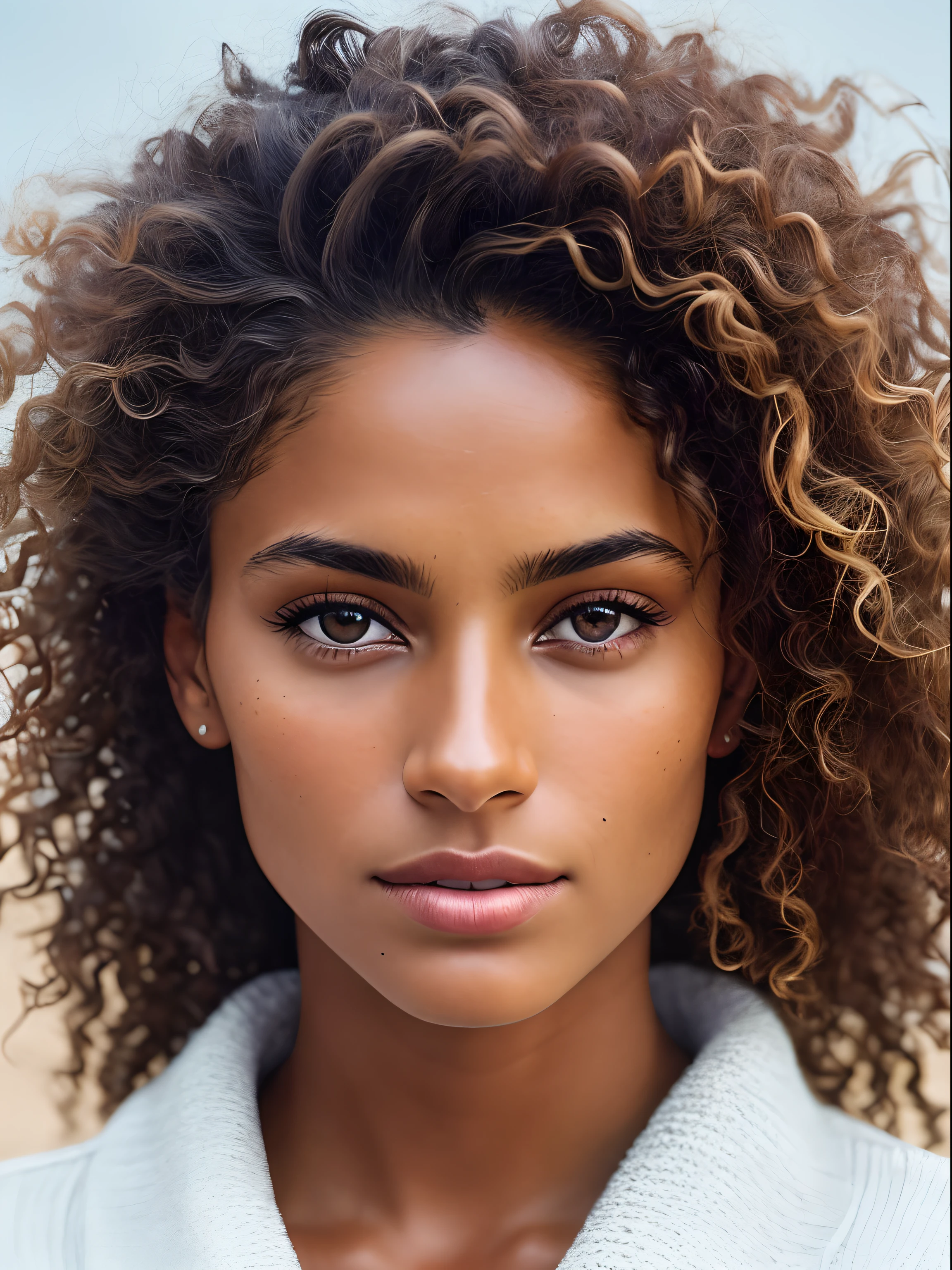 Portrait photorealistic d&#39;a young tanned brazilian model&#39;stunning beauty without makeup, extremely detailed light honey eyes, detailed symmetrical realistic face, texture naturelle extremely detailede, peach down, Hair tousled in the wind, chef-d&#39;artwork, absurde, photo primée de Lee Jeffries, Banque d&#39;images sur film Nikon D850, appareil photo kodak portra 400 f1.6 lentilles, extremely detailed, Incroyable, finely detailed, saturated colors, hyper realistic realistic texture, Dramatic lighting, unreal engine, tendance sur artstation, cinestill 800 tungstène, regarder le spectateur, photorealistic, Photo brute, TanvirTamim, high quality, High resolution, sharpness, extremely detailed, cinema lighting, 8k euh,-imaginer-