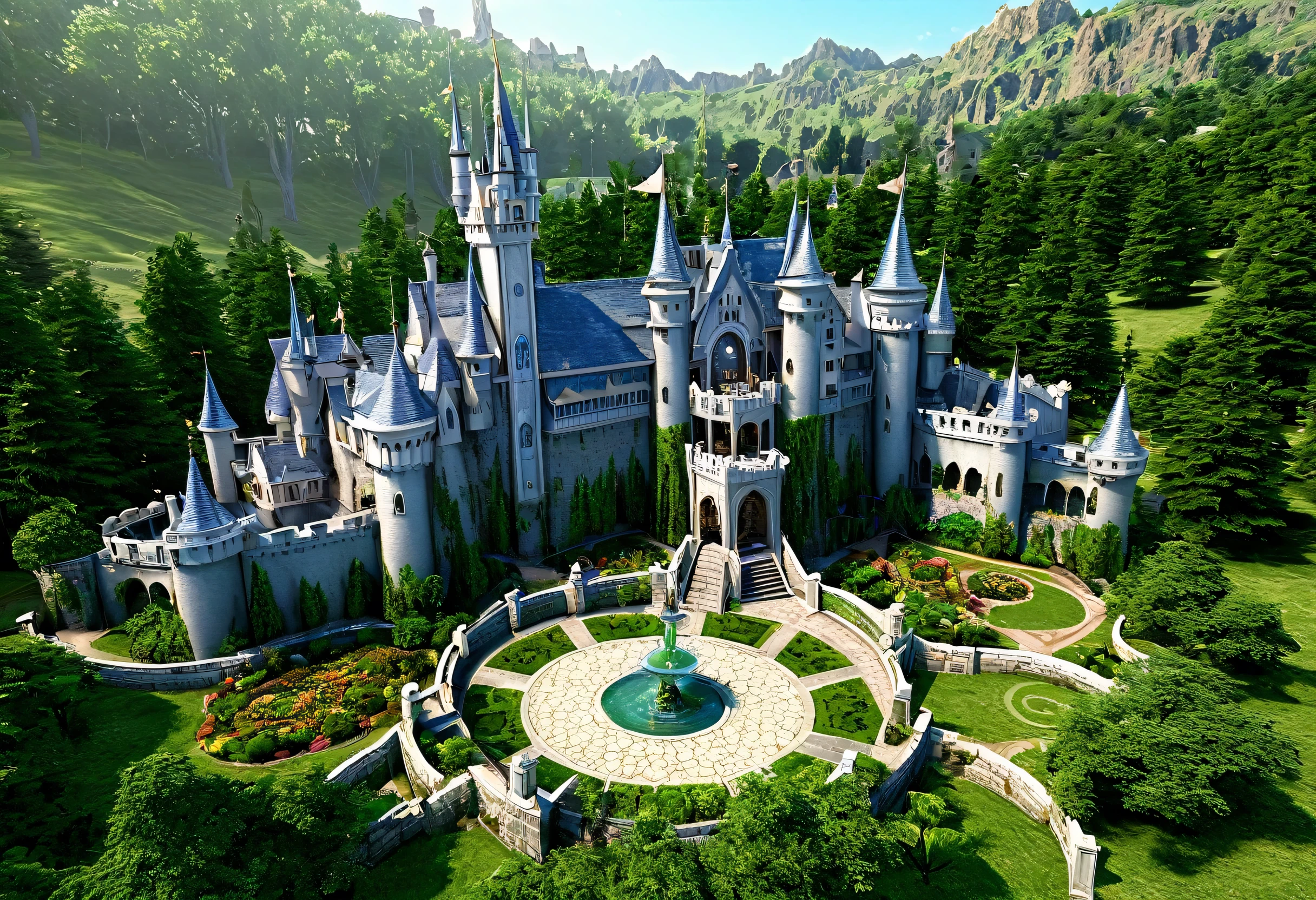 A large castle with a garden and a fountain in the center, Beautiful depiction of a fairy tale, fairy tale place, Medieval fantasy town, luxury castle, Beautiful castle, ultra detailed fantasy, fancy medieval architecture, Fantasy architecture, Magic Castle School on the Hill, High Fantasy Castle, Epic Rivendell fantasy, Steampunk village castle, Shire Castle, Fantasy Settings