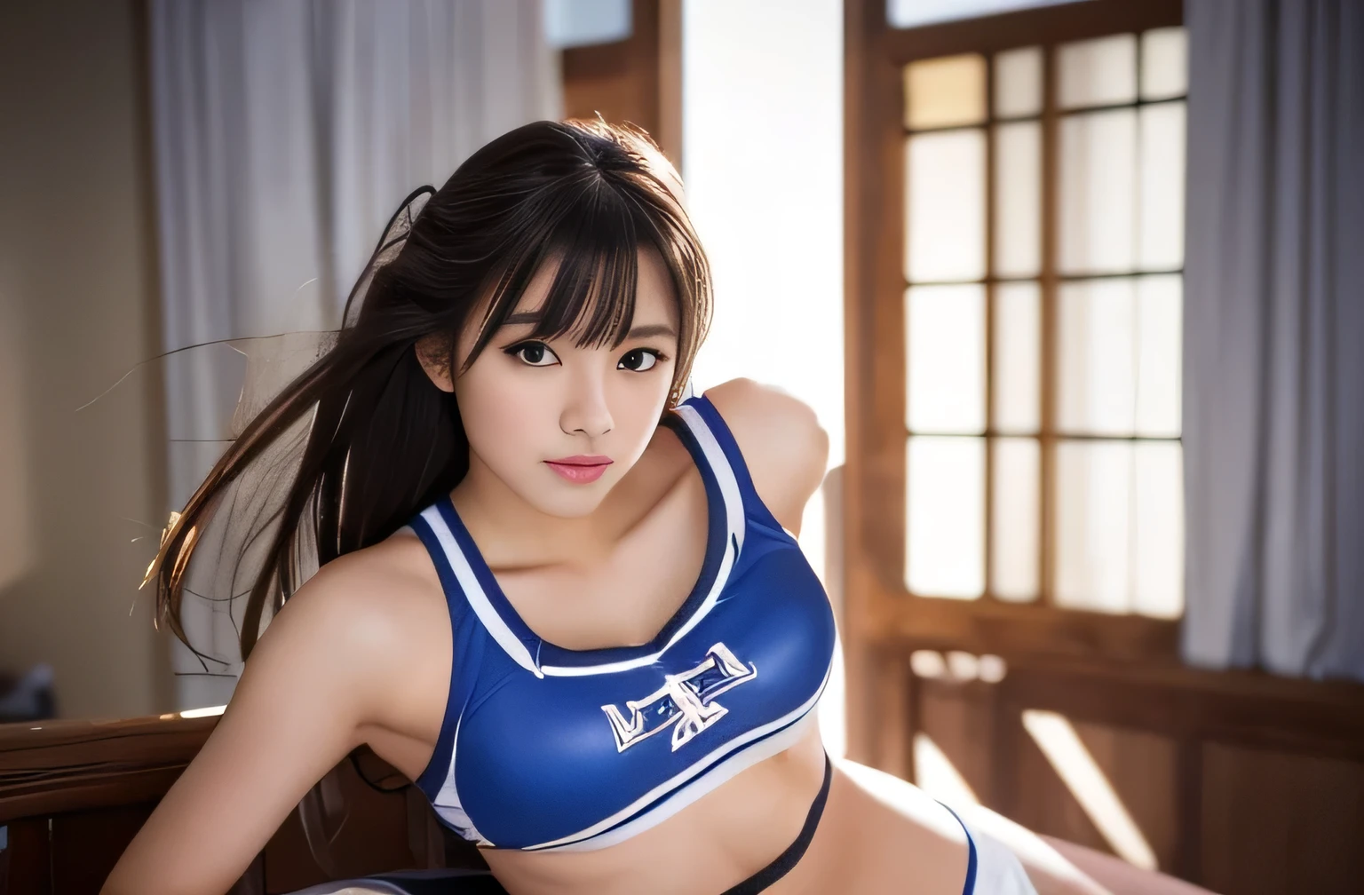 highest quality, masterpiece, Ultra-high resolution, (Realistic:1.4), RAW Photos, 32K Portrait, Very detailed, Cowboy Shot, Dynamic pose, 

One girl, , mini skirt、The most famous Japanese idol、Japan&#39;s most popular cheerleader, Wearing only a white sleeveless cheerleader uniform, An innocent smile, View your viewers, Upturned buttocks, 

Very cute face, Stunningly beautiful big black eyes, Very beautiful hair, Very beautiful lips, Very beautiful skin, Very beautiful breasts, Very beautiful body, Very beautiful arms, Five perfect fingers, Very beautiful buttocks, Very beautiful thighs, 

Detailed face, Fine grain, Detailed Hair, Detailed lips, Detailed Skin, Detailed body, Detailed Weapons, Detailed five fingers, Detailed white sleeveless cheerleader uniform, Detailed hips, Thigh details