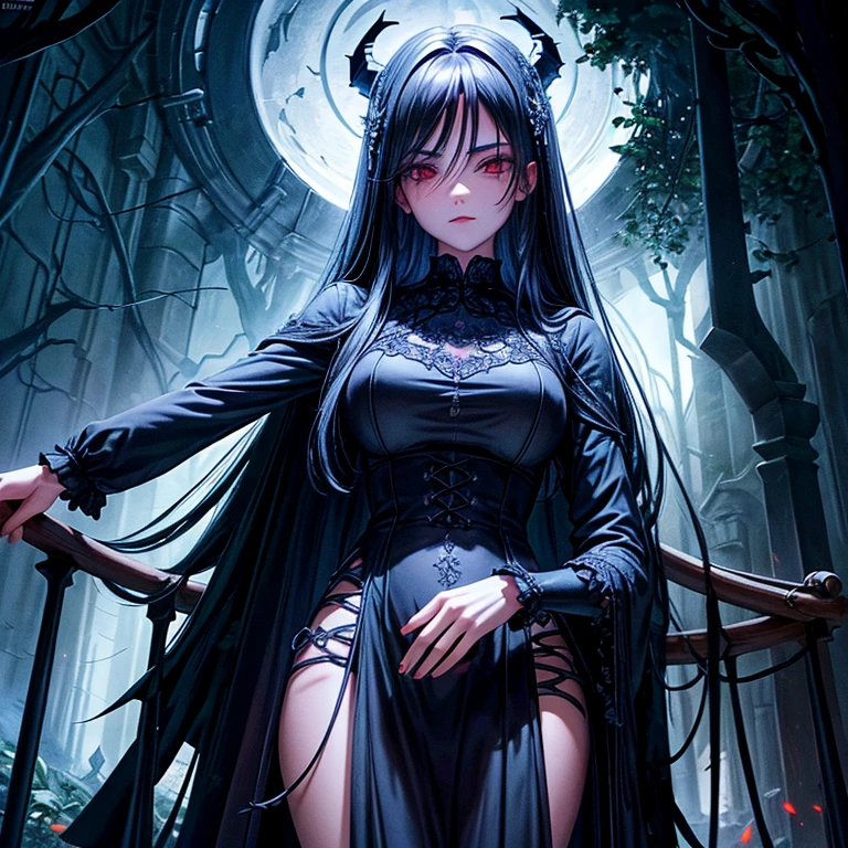 best quality,ultra-detailed,realistic,masterpiece:1.2,dark-haired girl with long black hair,fierce and villainous expression,beautiful detailed eyes:red eyes,long black eyelashes,mesmerizing gaze,evil smile,garden scene in the background,withered trees and dark flowers,moonlit night,haunting atmosphere,gothic art style,vivid colors with a dark color palette,dramatic lighting with harsh shadows,creating a sense of mystery and danger.