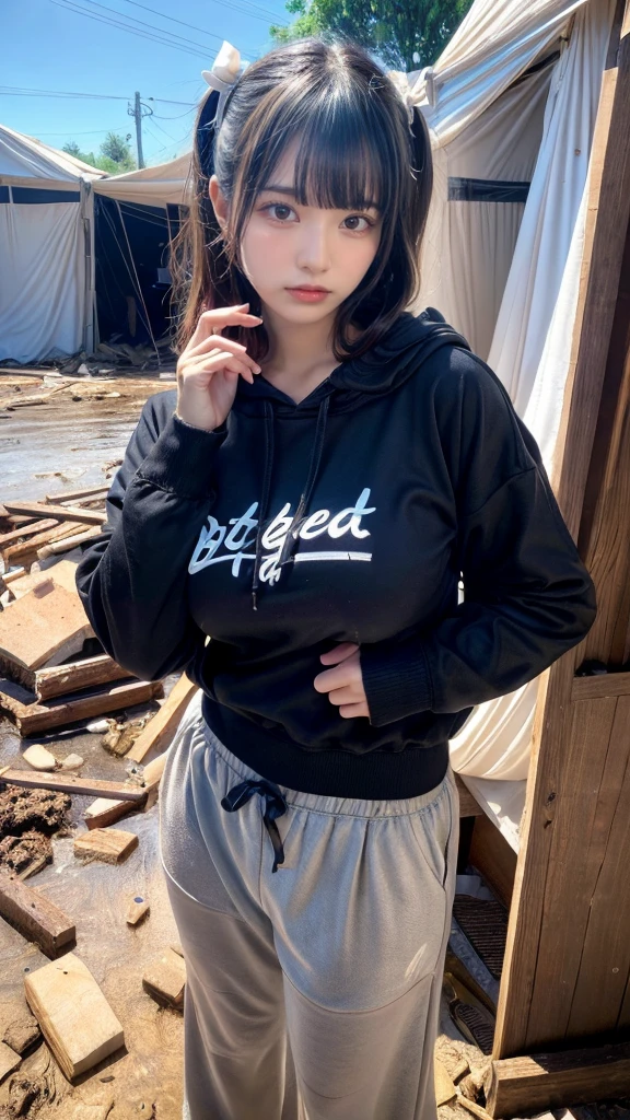 muster piece, best quality, illustration, Super detailed, fine details, High resolution, 8K,wall paper, perfect dynamic composition,(Details High quality, realistic depiction of eyes:1.3), Tattered clothes, (The collapsed room), Mud stains, (Inside the barrack tent), refuge, wearing a tattered and dirty black hoodie., Wearing baggy pants, Collapsing Building, Tragic, Layered Cut, black hair color, Big Natural Color Lip, crying a little、cold gaze, Harajuku style、20 year old girl、cute type、lolita, Gravure Idol, full body photo、focus on crotch, huge breasts