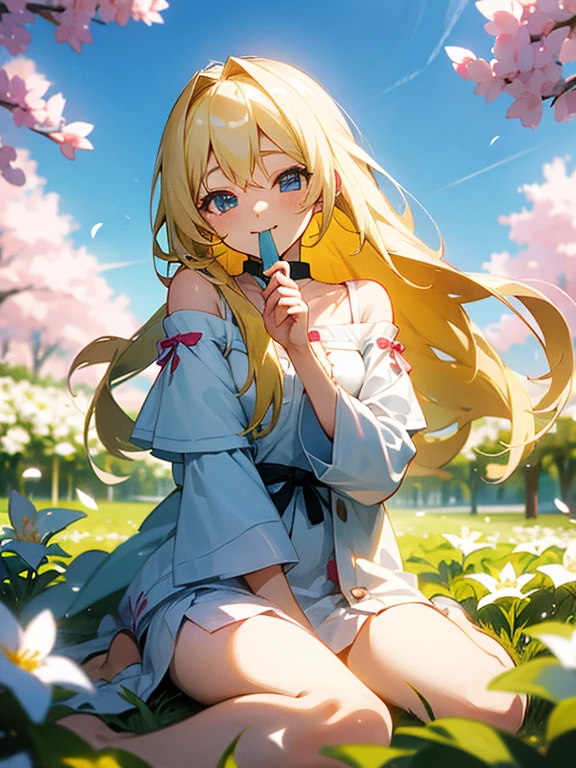 Smiling with eyes and mouth open、A pretty blonde girl sitting in a wariza in a flower park。She had her long hair blowing in the wind、Surrounding flowers々Surrounded by the scent of。That smile is、As warm as the spring sunshine、Gives a pleasant feeling of happiness。She is such a、White off-shoulder、Wearing a miniskirt、It's like a single flower blooming in the park.、Cleavage。Panty Shot、Show white panties。Expand your imagination、What charm will her smile have in this landscape?、Picture it。