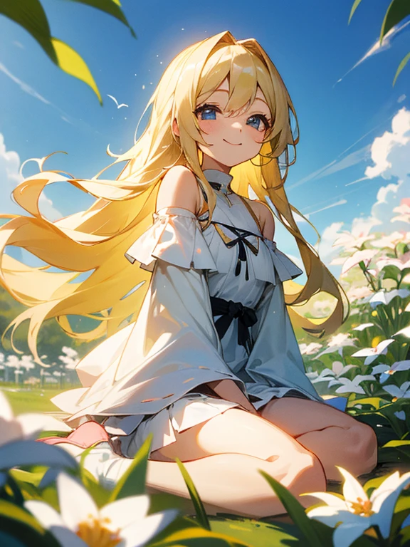 Smiling with eyes and mouth open、A pretty blonde girl sitting in a wariza in a flower park。She had her long hair blowing in the wind、Surrounding flowers々Surrounded by the scent of。That smile is、As warm as the spring sunshine、Gives a pleasant feeling of happiness。She is such a、White off-shoulder、Wearing a miniskirt、It&#39;s like a single flower blooming in the park.、Cleavage。Panty Shot、Show white panties。Expand your imagination、What charm will her smile have in this landscape?、Picture it。