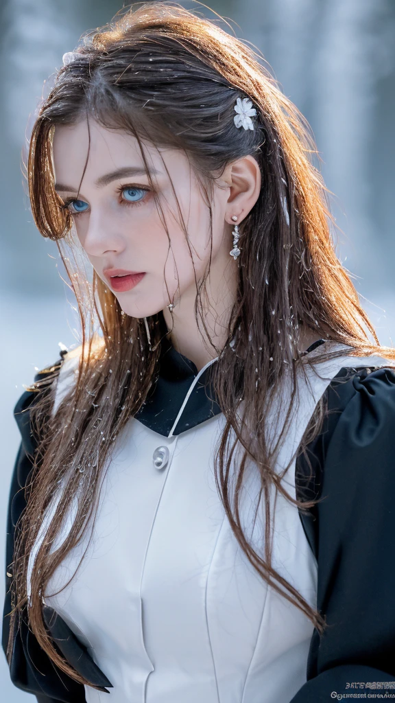 1 miniature Beautiful beautiful woman - Yuan Sayuki, ((top quality, 8K, Masterpiece:1.retty woman, 1 woman, huge breasts:1.3, a slim body:1.1, lush GINGER long hair with 2 buns, (shower, wet body, wet clothes:1.1), very detailed face, detailed lips, detailed eyes, double eyelids, Detailed blue eyes, чрезвычайно Detailed Outstanding Blue Eyes, long GINGER wet hair, GINGER wet hair, Detailed Outstanding Blue Eyes, innocent look at the viewer, very wet wavy white hair, Detailed Outstanding Blue Eyes, huge cross earrings, Outdoors, badges behind, gothic maid uniform,  sexy maid dress, bare chest, huge chest tattoo, detailed huge catholic cross earrings, chest tattoo, Outside, wear a silver cross (Detailed cross shape), reality mode, wet breasts, black necklace, human crowd behind, black latex gloves, hair of white snowy colour, night time, red neon lights, demonic nun, nimbus (golden lighting ring above her head), angel, snowy weather, sexy pose, white lingerie, black maid dress, detailed flower wreath made of different colours, open chest