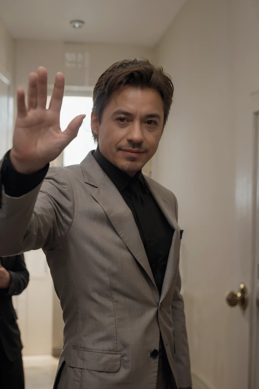 Man in black suit, at the entrance of a gala event, waving to reporters
Looks like Robert Downey Jr, gray hair, 52 years old, president of the United Nations
Place in a United Nations themed setting
Strong man with smile