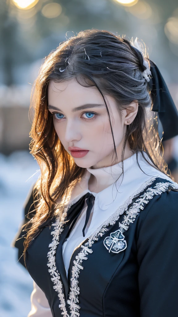 1 miniature Beautiful beautiful woman - Yuan Sayuki, ((top quality, 8K, Masterpiece:1.retty woman, 1 woman, huge breasts:1.3, a slim body:1.1, lush GINGER long hair with 2 buns, (shower, wet body, wet clothes:1.1), very detailed face, detailed lips, detailed eyes, double eyelids, Detailed blue eyes, чрезвычайно Detailed Outstanding Blue Eyes, long GINGER wet hair, GINGER wet hair, Detailed Outstanding Blue Eyes, innocent look at the viewer, very wet wavy white hair, Detailed Outstanding Blue Eyes, huge cross earrings, Outdoors, badges behind, gothic maid uniform, sexy maid dress, bare chest, huge chest tattoo, detailed huge catholic cross earrings, chest tattoo, Outside, wear a silver cross (Detailed cross shape), reality mode, wet breasts, black necklace, human crowd behind, black latex gloves, hair of white snowy colour, night time, red neon lights, demonic nun, nimbus (golden lighting ring above her head), angel, snowy weather, sexy pose, white lingerie, black maid dress, detailed flower wreath made of different colours, open chest