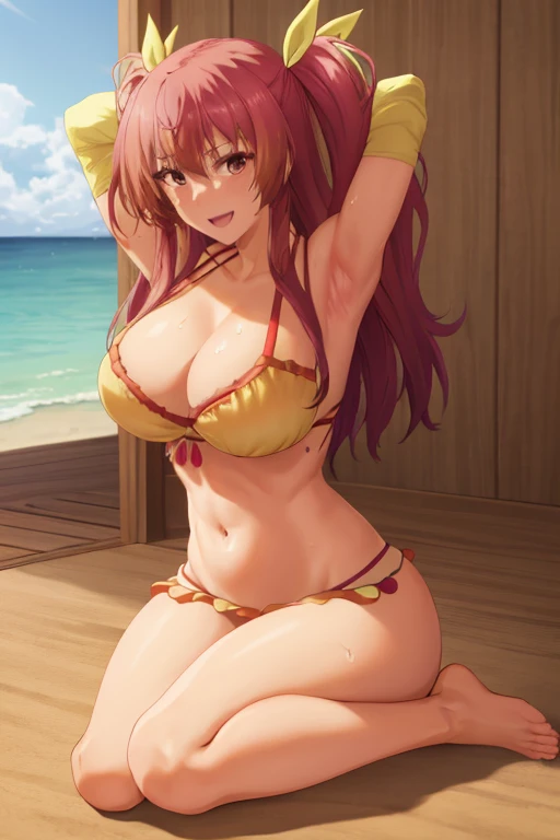 masterpiece, best quality, beautiful art, high resolution, well formed hands, body and fingers, 1 woman, solo, Stella Vermillion, adult, grown up big breasted, cleavage, full body, , wearing a Mata Hari outfit, sexy and skimpy arabian belly dancer outfit, sexy arabian belly dancer, hair ribbon, gorgeous legs and thighs, she is fighting in a combat match at a martial arts tournament, she is getting ready to fight, making her guard pose, action and fighting scene, about to hit the viewer, looking at the viewer, sweating , feeling confident and proud, smiling joyfully and happily, charming her opponent with her beauty, bouncing breasts, fighting scene, martial arts tournament on the beach