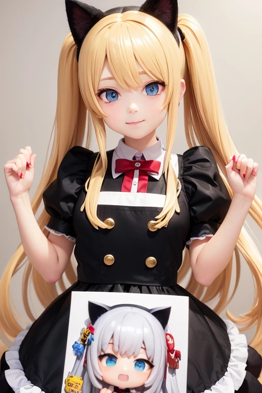 Cat ear doll, Blonde and blue eyed anime girl, Cat girl, eyes in the style of Nendoroid, Nendoroid eyes, style as Nendoroid, water color Nendoroid, Nendoroid, Nendoroid 3 d, Nendoroid, Maid outfit, She has a pretty, expressive face, an anime Nendoroid of karl marx, Long Hair
