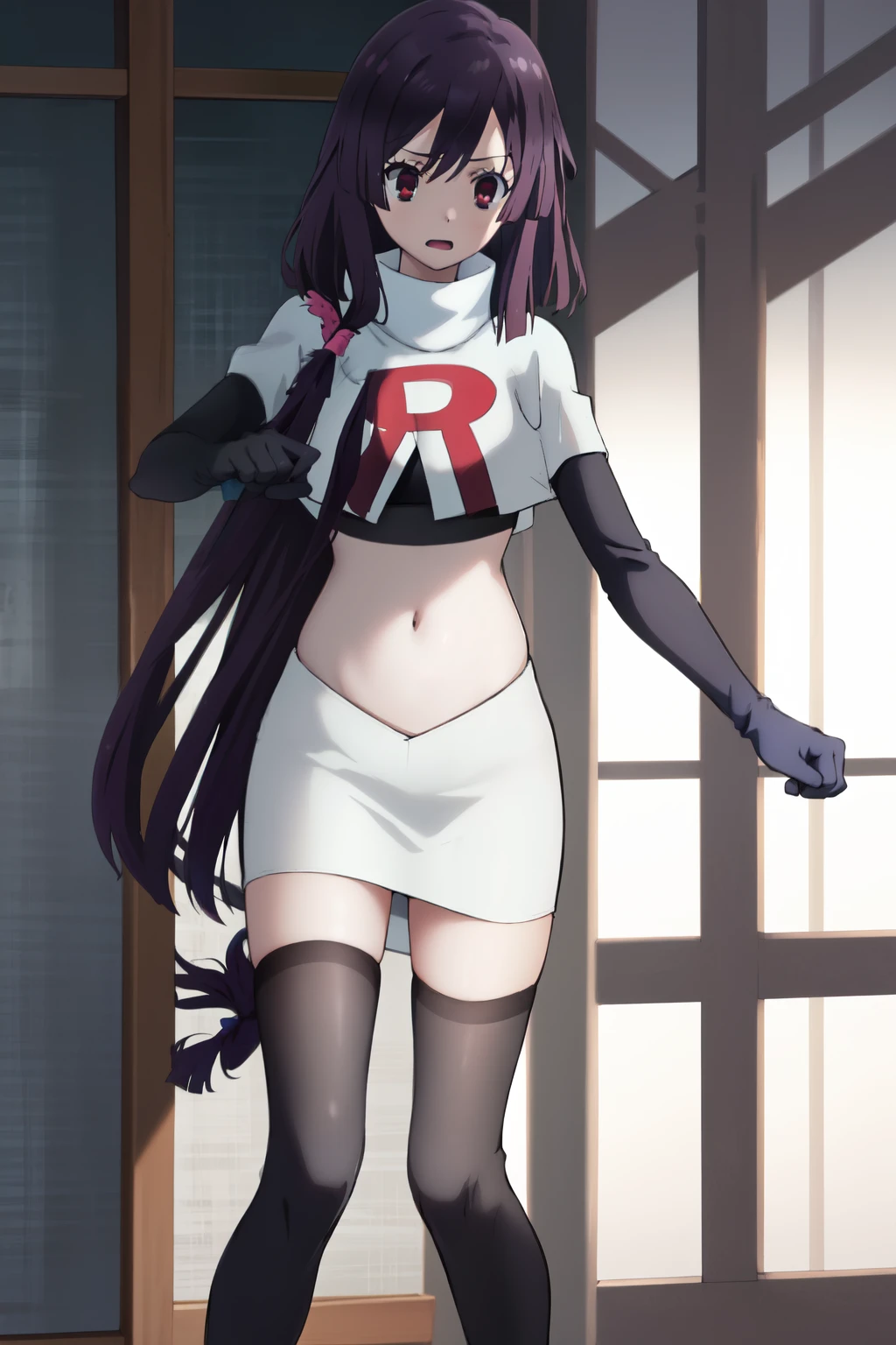 natsume, 1girl, crossdress-hairstyle, magic, highres, absurdres,team rocket,team rocket uniform,white skirt,red letter R,crop top,black thigh-highs,black elbow gloves