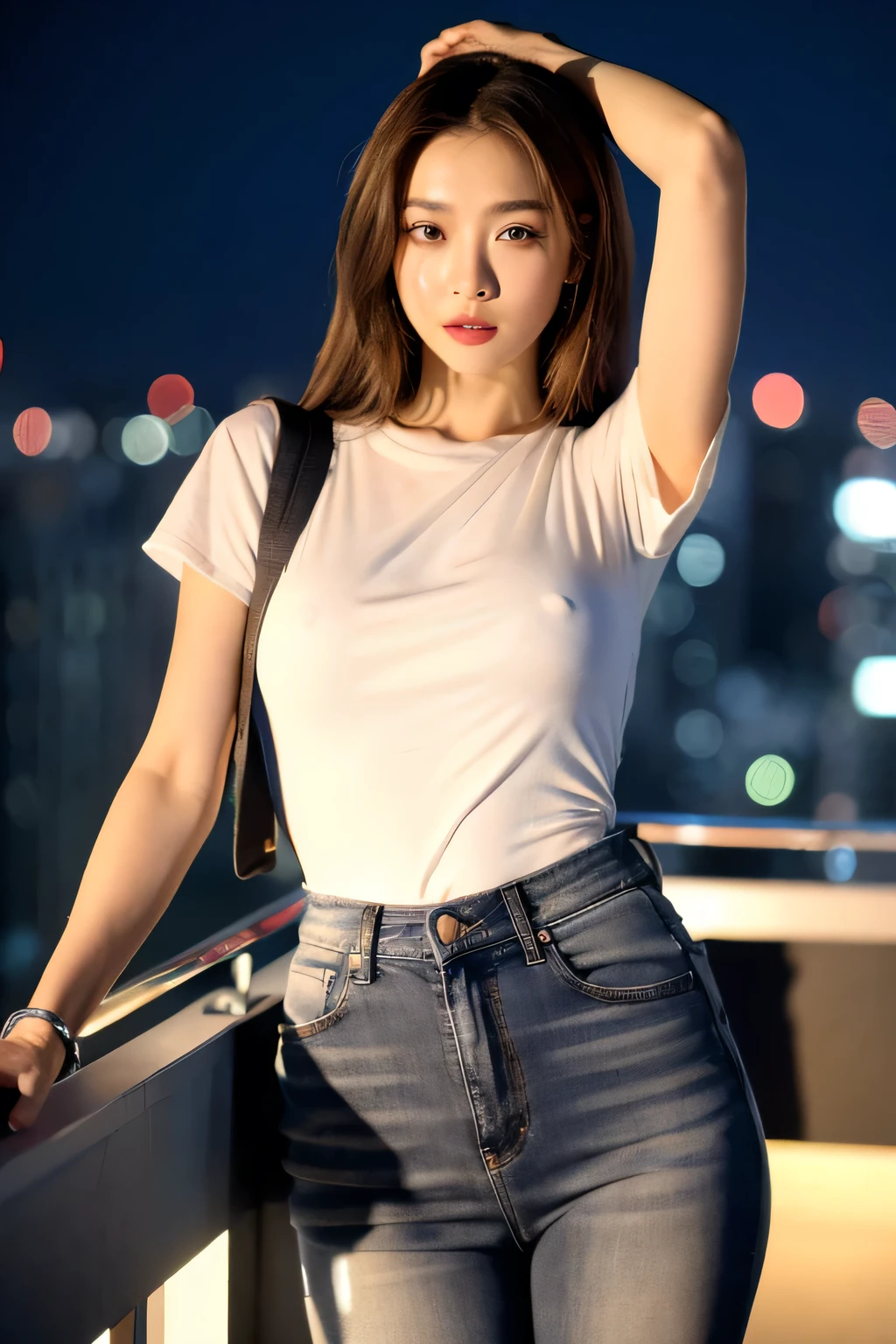 ((Midnight, Best quality, 8k, Masterpiece :1.3)), Whole body, Long legs, Sharp focus :1.2, A pretty woman with perfect figure :1.4, Slender abs :1.1, ((Dark brown hair, Big breasts :1.2)), (White tight tshirt, Jean bib, Standing:1.2), ((Night city view, Rooftop:1.3)), Highly detailed face and skin texture, Detailed eyes, Double eyelid