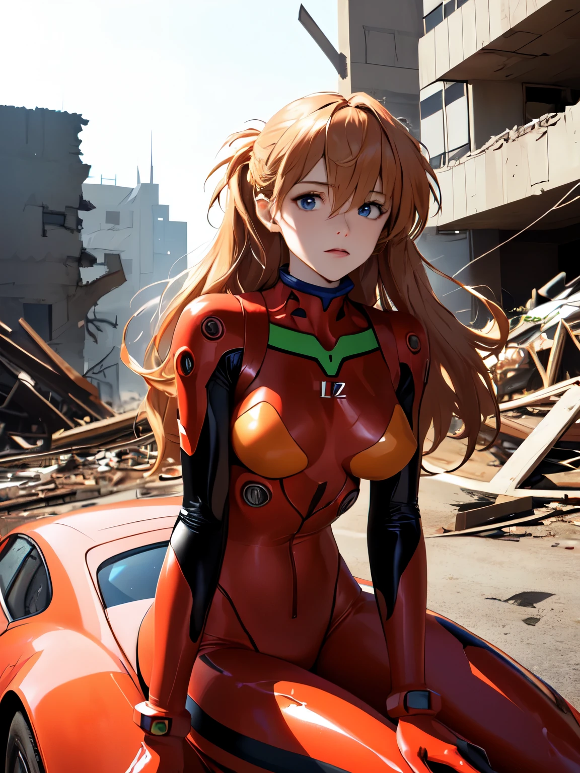 (masterpiece, highest quality), One Girl, Beautiful Face, Beautiful body, souryuu_Asuka_Langley, Plug Suit, Bodysuits, Interface Headset, red Bodysuits, Hair between the eyes, Pilot Suit,((Please show me your whole body:1.5)), wilderness, (Amazing details, Excellent lighting, Wide-angle), Destroyed buildings, Sitting on the bonnet of a broken Porsche