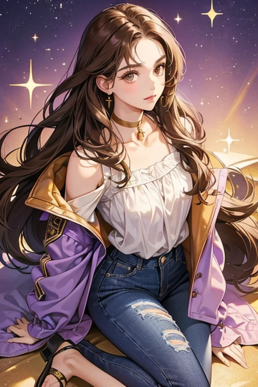 Fiona is an Afro-American girl with long, brown hair that extends slightly passed the shoulders and brown eyes. She wears a gold choker necklace, byzantine jacket, lavender blouse, blue jeans, and purple sandals. SPARKLE; GLITTER