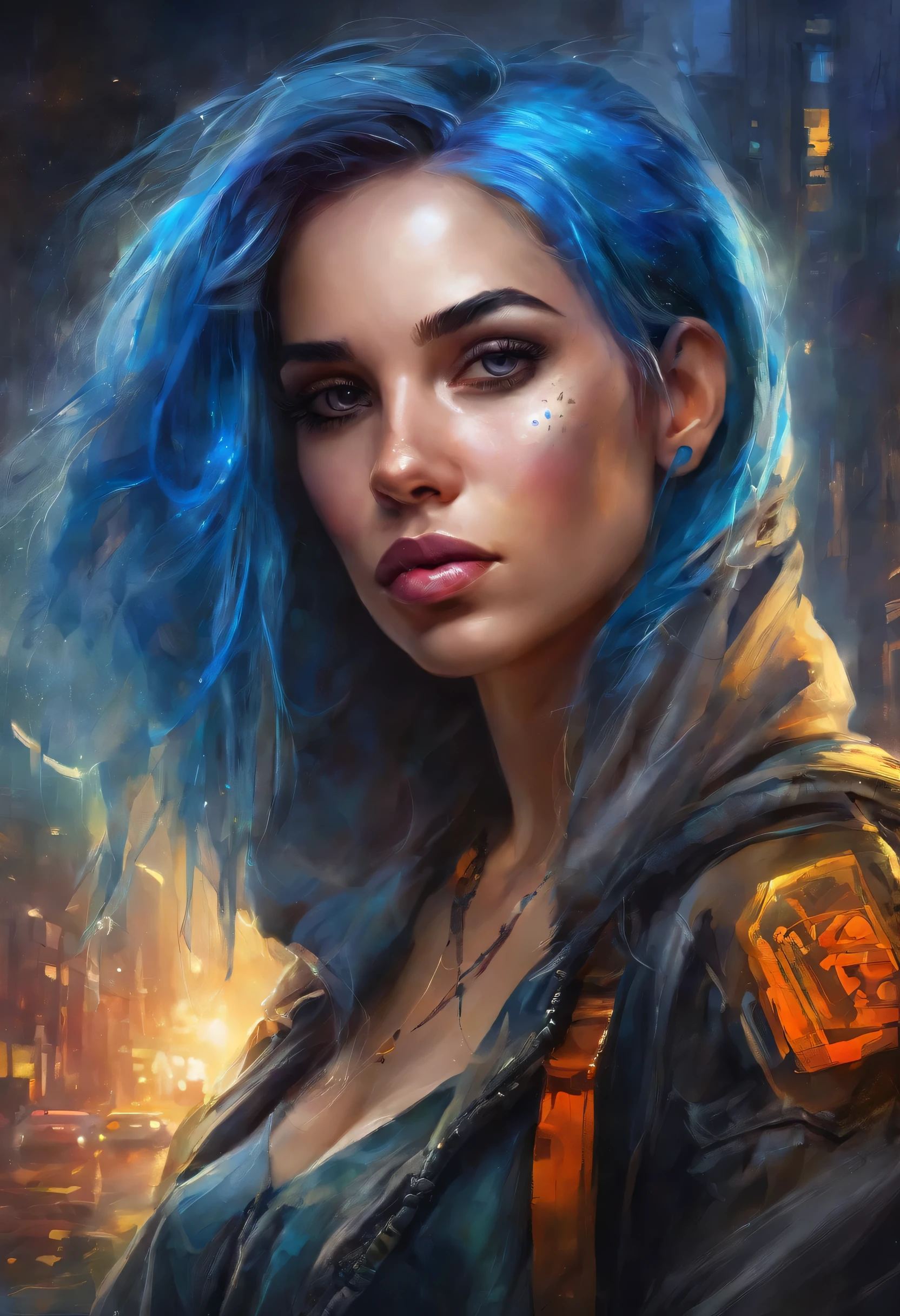 (masterpiece), best quality, ultra high res,, cyberpunk 1girl flying above stunning cityscape ,hoodie,blue hair, neon color shooting stars, very long hair, off shoulder, feather hair ornament, neon colors, flashes, stunning night sky, cinematic lighting, photorealistic, realistic skin, HDR,fisheye