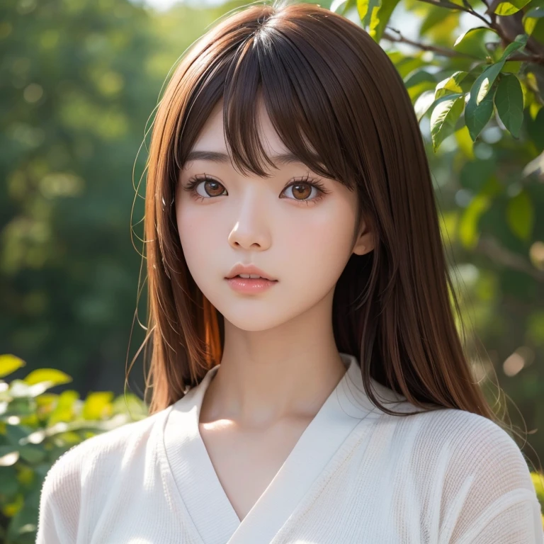 japanese girl with orange eyes and brown hair closeup face shot, best quality, ultra realistic, perfect body, beautiful face
