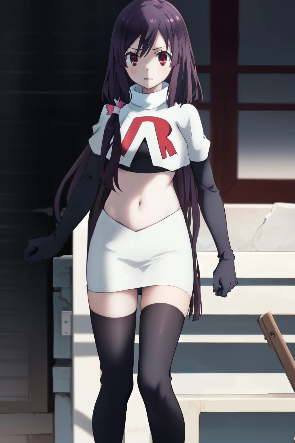 natsume, 1girl, crossdress-hairstyle, magic,    highres, absurdres,team rocket,team rocket uniform,white skirt,red letter R,crop top,black thigh-highs,black elbow gloves