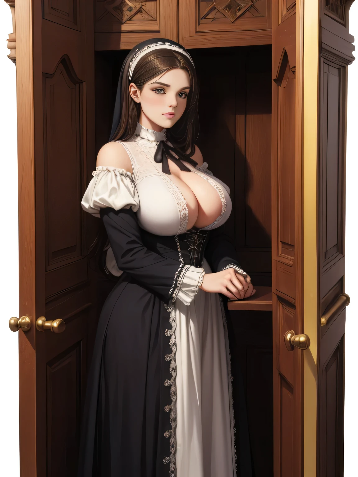 Illustration of a church scene in Victorian style, an elderly pastor and a young buxom brunette woman wearing a Victorian style dress standing in front of the confessional an talking, NSFW 