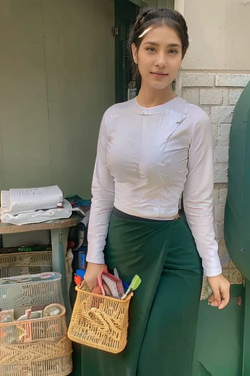 A school teacher is 60years old.Tall, thin, big hips, big breasts, blonde hair, small lips, blue eyes, attractive, 64K.Top=white Burmese blouse,With long sleeves,Buttoned at the side.Bottom=(Dark green) long skirt.
Footwear=female Burmese sandals,The hair is knotted bun.European.Nun Headpiece.