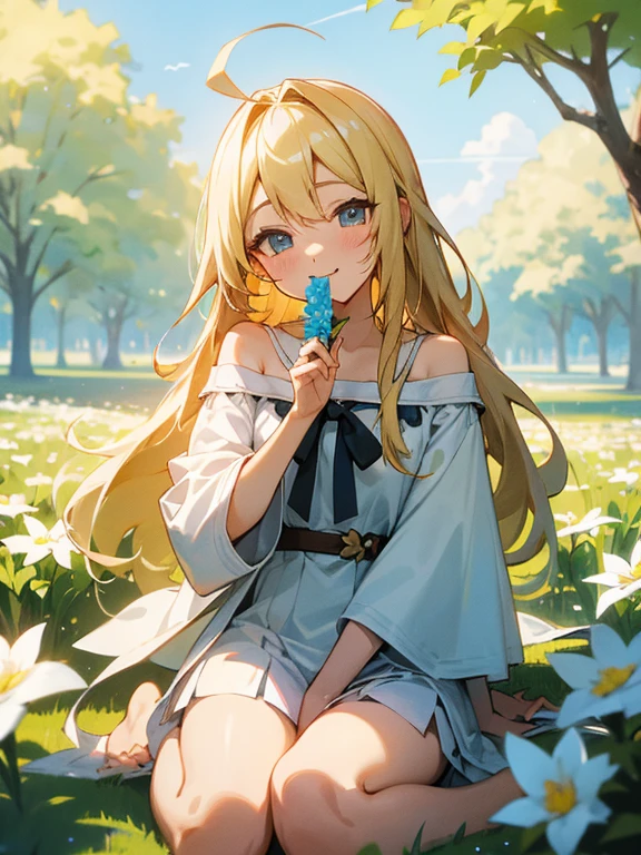 Smiling with eyes and mouth open、A pretty blonde girl sitting in a wariza in a flower park。She had her long hair blowing in the wind、Surrounding flowers々Surrounded by the scent of。That smile is、As warm as the spring sunshine、Gives a pleasant feeling of happiness。She is such a、White off-shoulder、Wearing a miniskirt、It's like a single flower blooming in the park.、Cleavage, hands to the side。Panty Shot、Show white panties。Expand your imagination、What charm will her smile have in this landscape?、Picture it。