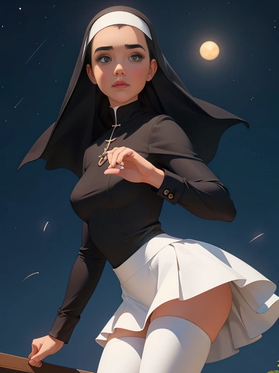 garota,, pequeno, Shy, bunda grande, catholic nun outfit , dynamic pose, Quente, soft or colored lips, fundo simples, perfect hands, anatomia perfeita, Inclina Jennifer Connelly estilo Cartoon estilo illustration digital estilo GTA matadora de vampiro com uma bíblia na mão e uma estaca de madeira na outra realista, 1 garota, accent lighting, brilho, obra de arte, melhor qualidade, 1 garota, cabelo longo loiro ondulado, olhos azuis, equestrian uniform, (obra de arte:1.4), melhor qualidade, ((realista)), alta qualidade, ultra detalhado, (illustration:1.05), (lindo:1.05), (lindo detailed eyes:1.05), (Cinematic Light:1.1), corar, lua, noite, rosas, rosa pastel, Gothic Tetradic Colors, brilho, seios grandes, coxas grossas