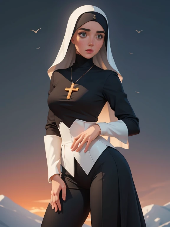 garota,, pequeno, Shy, bunda grande,   catholic nun outfit  , dynamic pose, Quente, soft or colored lips, fundo simples, perfect hands, anatomia perfeita, Inclina  Jennifer Connelly estilo Cartoon estilo illustration digital estilo GTA matadora de vampiro com uma bíblia na mão e uma estaca de madeira na outra realista, 1 garota, accent lighting, brilho, obra de arte, melhor qualidade, 1 garota, cabelo longo loiro ondulado, olhos azuis, equestrian uniform, (obra de arte:1.4), melhor qualidade, ((realista)), alta qualidade, ultra detalhado, (illustration:1.05), (lindo:1.05), (lindo detailed eyes:1.05), (Cinematic Light:1.1), corar, lua, noite, rosas, rosa pastel, Gothic Tetradic Colors, brilho, seios grandes, coxas grossas