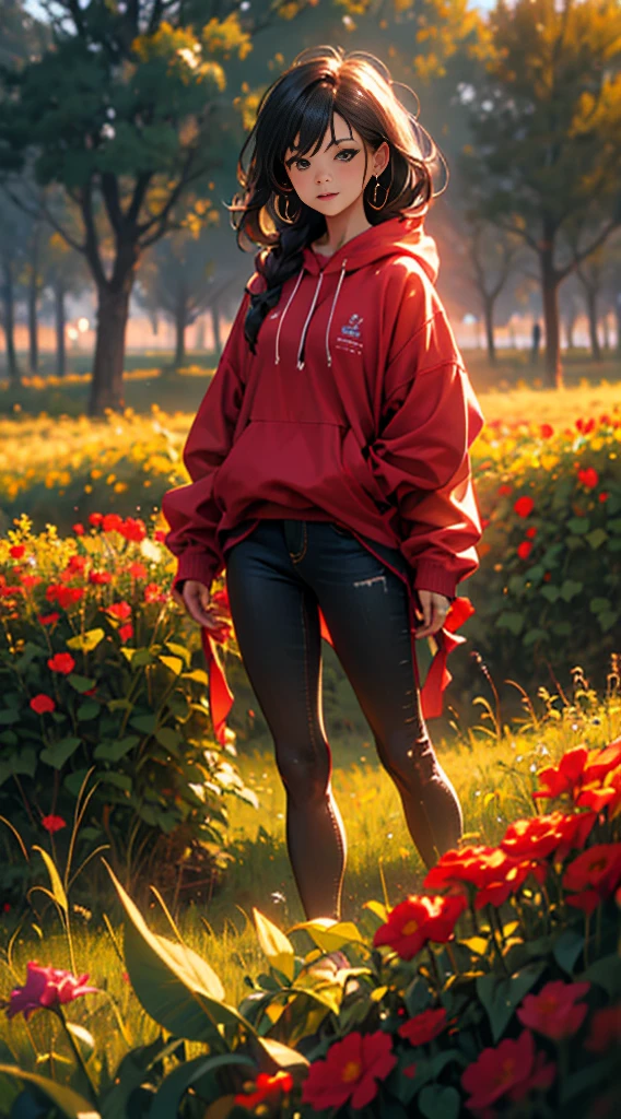 a woman in the background surrounded by a field of flowers