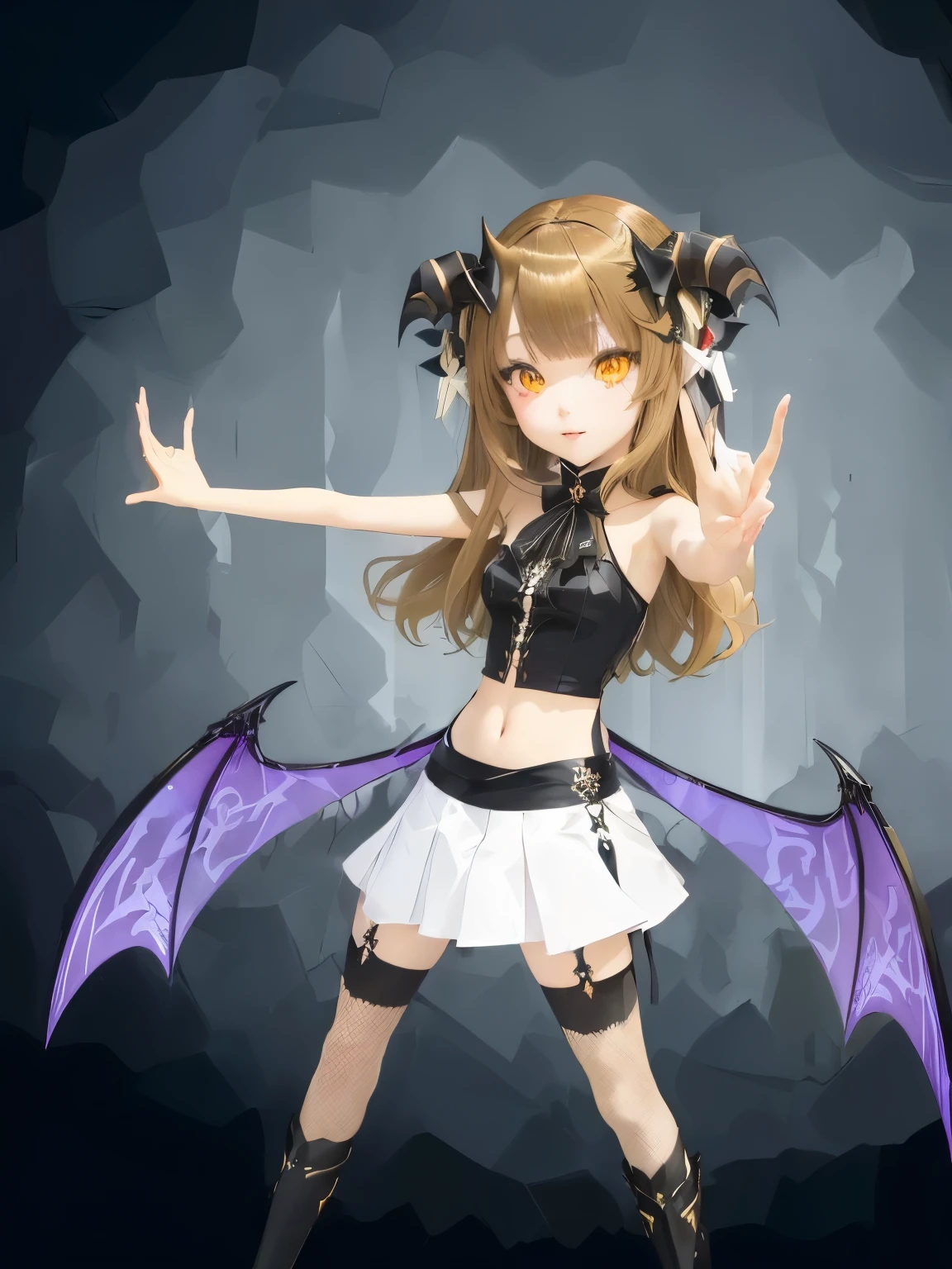 anime girl Angled and a skirt posing for a picture, Devil Anime Girl, Anime Monster Girl, inspired by Awataguchi Takamitsu, Devil Girl, Girl design with horns, Anime Styleに, Anime Styleキャラクター, Fantasy-style anime, Dark devil dancer, Anime Style, Digital anime art!!, Spectacular anime style, Angled