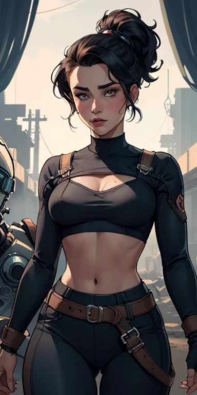 Personagem mulher estilo atompunk Fallout 4 cabelos pretos  atriz Ella Purnell com marcas de guerras Imagem de desenho animado de uma mulher .Ilustracaoo estilo desenho animado, estilo de arte dos desenhos animados, estilo de arte dos desenhos animados, digital illustration style, estilo atompunk design de personagens altamente detalhado, arte digital detalhada coragem,actress Ella Purnell with black hair slim body Forest fan art, Design de cabelos pretos personagens de retrato, beautiful digital illustration, retrato de alta qualidade, Arte em quadrinhos, s . Eyelined eyes, medium bust and wonderful sexy clothes. image expression of sexual desire from waist to head illustration atompunk style Fallout 4 The perspective is from below, enfatizando a majestade e o poder da Gigante."actress Ella Purnell black hairstyle Cartoon style digital illustration GTA style